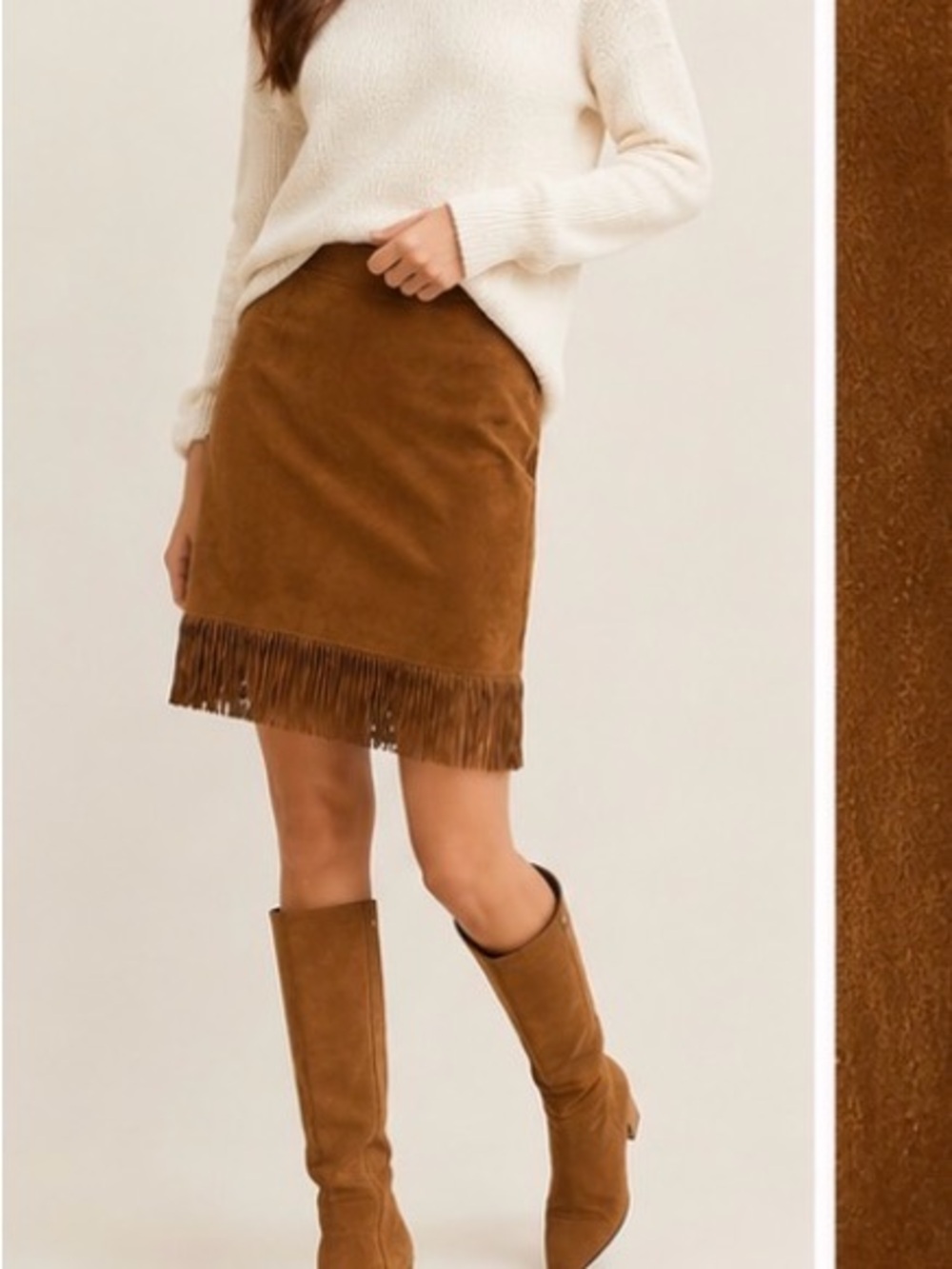 Chicos Fringe Hem Suede Mini Skirt in Chestnut